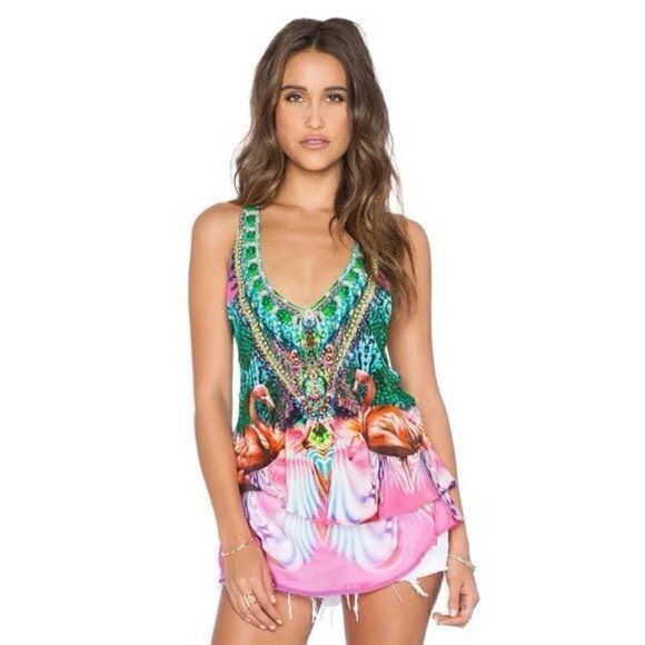 Camilla Awakened Utopia Flamingo Layered Silk Top Size 1 - Picture 2 of 14